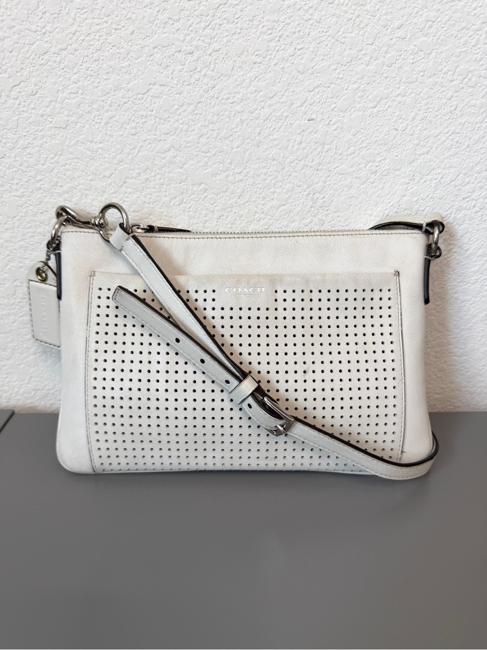 Coach Leather Legacy Perforated East West Swingpack Crossbody Bag in Chalk White